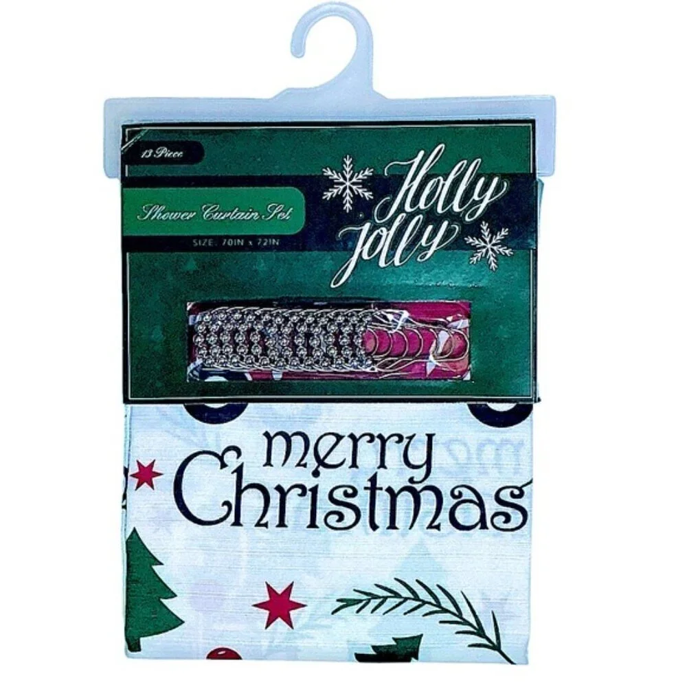 Holiday Shower Fabric Curtain Set Christmas Trucks 13 PC Set 70 x 72 White Red